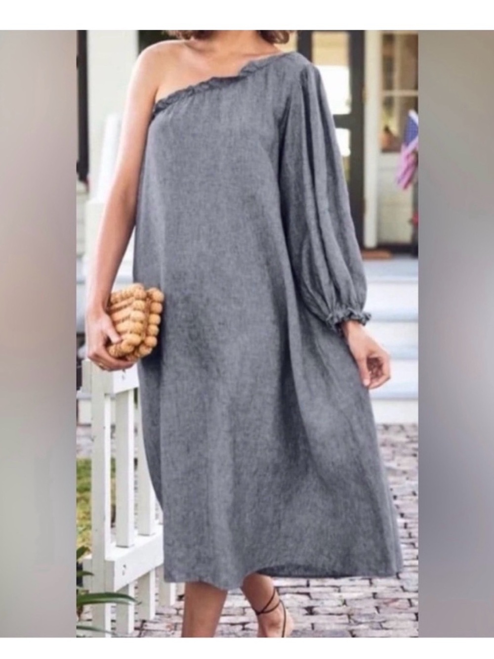 Lake Milly one shoulder resort midi dress in navy linen - size large